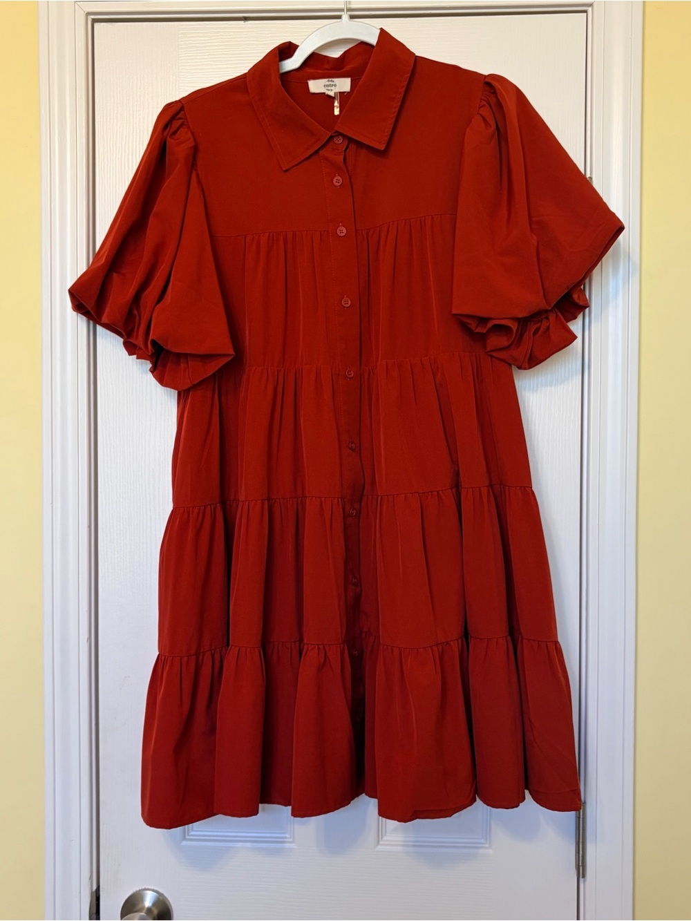 🍂entro Fall Orange-Red Tiered Puff-Sleeve Dress. Lined. Adorable!! EUC!